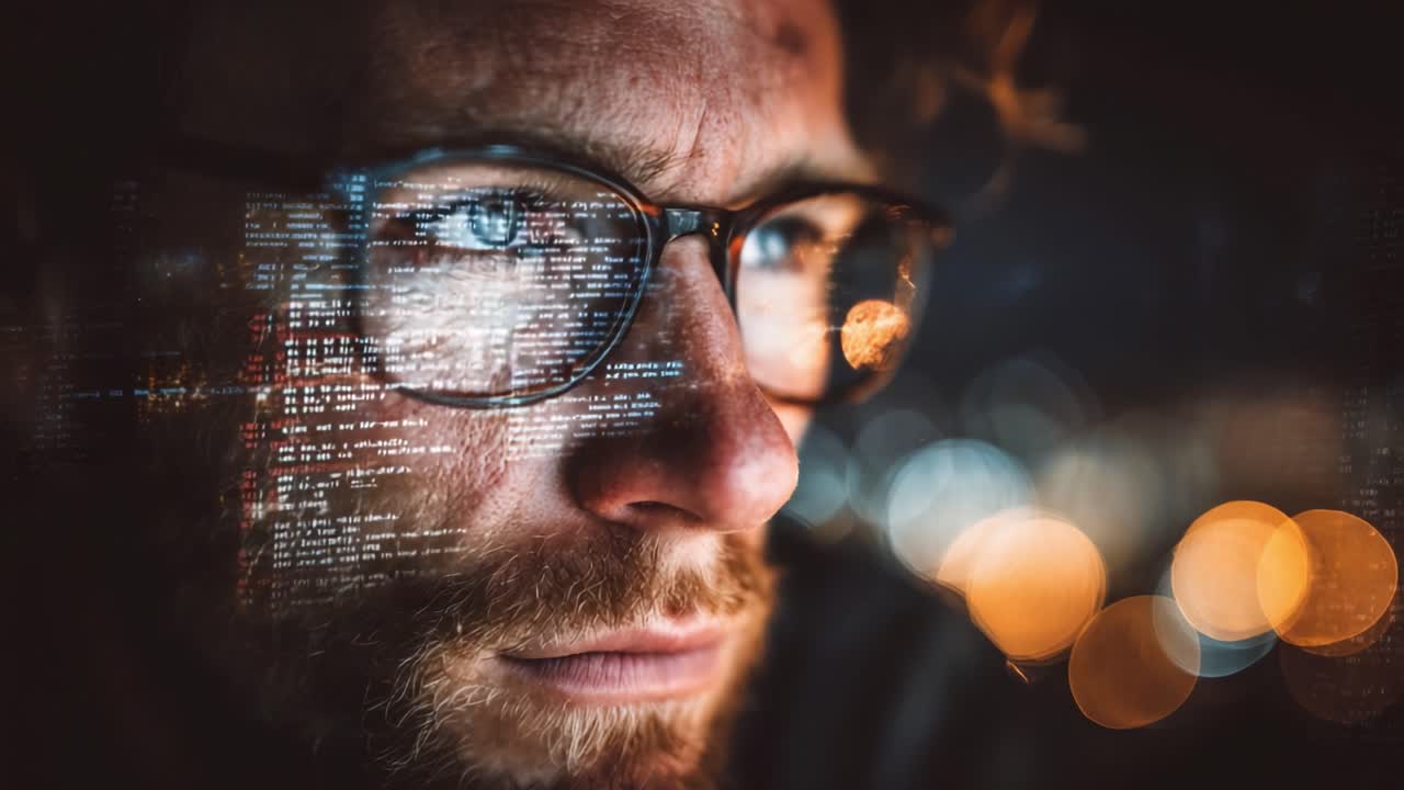En ettertenksom person som ser inn i den digitale dybden av data og informasjon, belyst av bylys, og reflekterer over kunnskapens og utforskningens reise