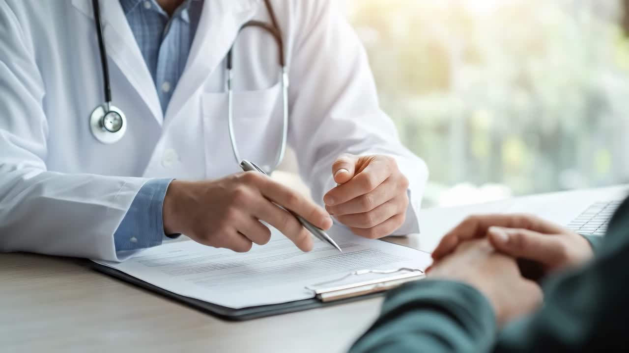 Vídeo em close-up de um médico consultando um paciente, com foco nas mãos e documentos.