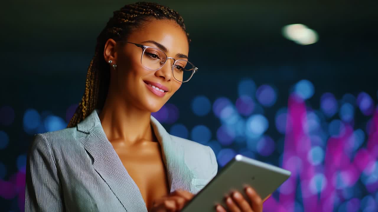 A Professional Woman in Business Attire Engaged in Thoughtful Work with Her Tablet, Set Against a Colorful Blurred Background, Illustrating Modern Technology and Empowerment
