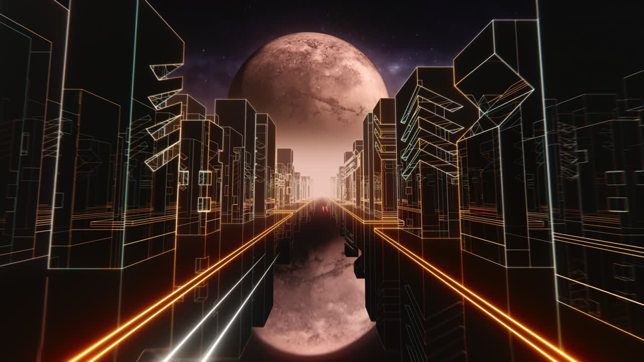 80년대 레트로 웨이브 나이트 시티 신스 웨이브 vj: 네온 조명, 화성 행성, 별, 80년대 복귀 스타일 그리드, 태양 별, 오래된 tv 스크린 애니메이션 배경, vj: 레트로 퓨처 시티, 멀리 떨어진 도시 스카이 라인과 함께 은 행성 화성을 향해 운전하는 80년대 sf.