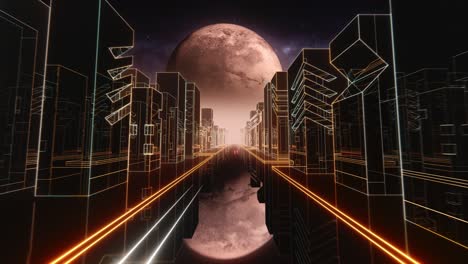 80s retrowave night city synthwave vj bucle sin costuras con luces de neón, planeta de marte y estrellas. retro 80s estilo cuadrícula estrellas del sol viejo fondo de animación de pantalla de televisión. vj ciudad retro-futurista. conducir hacia el planeta rojo marte con el horizonte de la ciudad distante. ciencia ficción de los 80s.