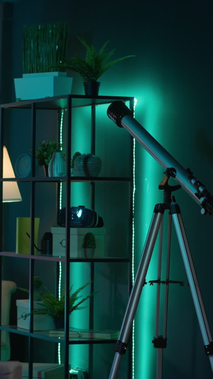Modern Living Room with Telescope and Ambient Green Lighting