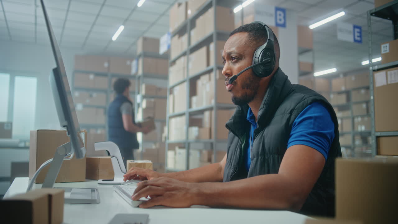 empleado de almacén que trabaja en la computadora