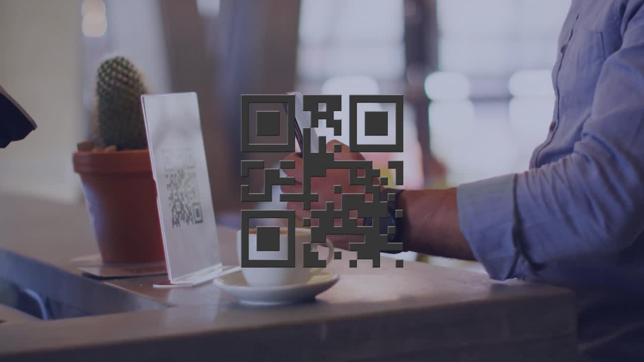 Animation of qr code over biracial businessman using smartphone