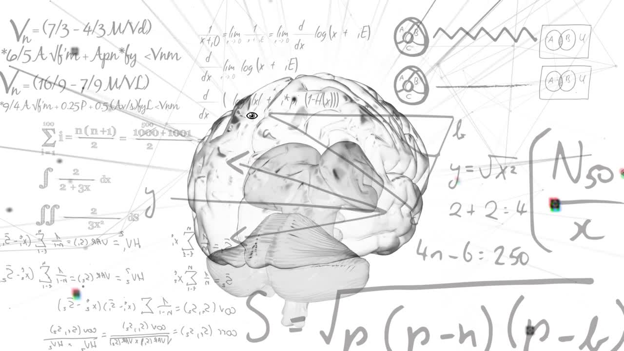 animación del cerebro digital y ecuaciones matemáticas sobre un fondo blanco