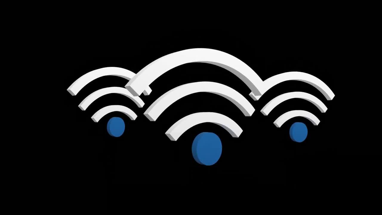 animación de iconos wifi y procesamiento de datos en fondo negro