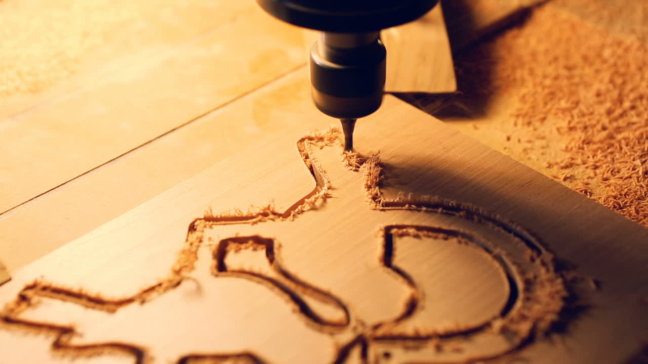 Wood Cut Machine With Drill Is Cutting Out Wooden Molds. Industrial wood cut machine with drill is cutting out wooden molds. Small business concept