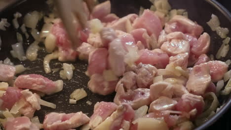 pecho de pollo y cebollas salteadas en una sartén caliente en la estufa de cocción