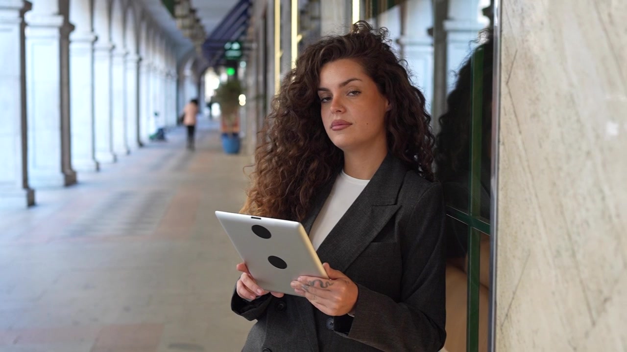 Una giovane donna professionista è intenta a usare un tablet in un contesto o ambiente urbano.
