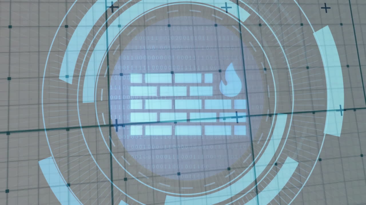 Animation of digital firewall with binary code and security symbols in background
