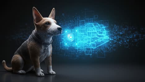 a clever canine companion engaging with a digital interface, merging reality and technology in a captivating visual representation of innovation and intelligence