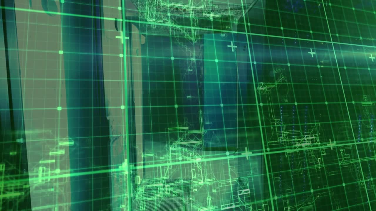 Translucent green grid overlay appearing over metallic corridor while scanning wireframe details