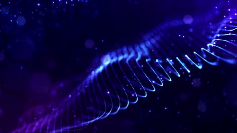4k fondo de partículas de ciencia ficción en bucle con bokeh y efectos de luz. las partículas azules brillantes forman líneas, superficies, estructuras complejas en movimiento suave como en el microworld o el espacio. cadenas de partículas 5