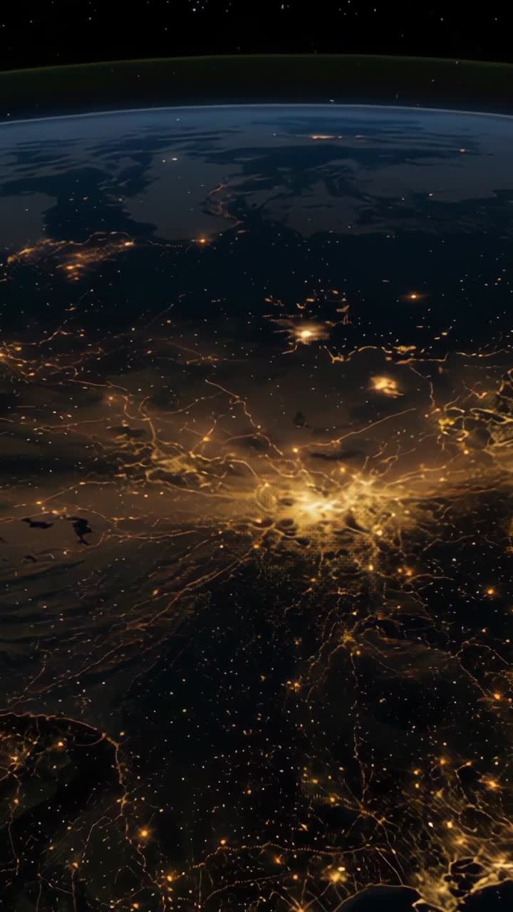 Vertical video: Panning camera showing nighttime Earth from orbit, revealing glowing light networks