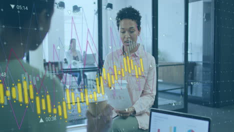 Animation-of-multiple-graphs-with-changing-numbers,-diverse-female-coworkers-discussing-reports