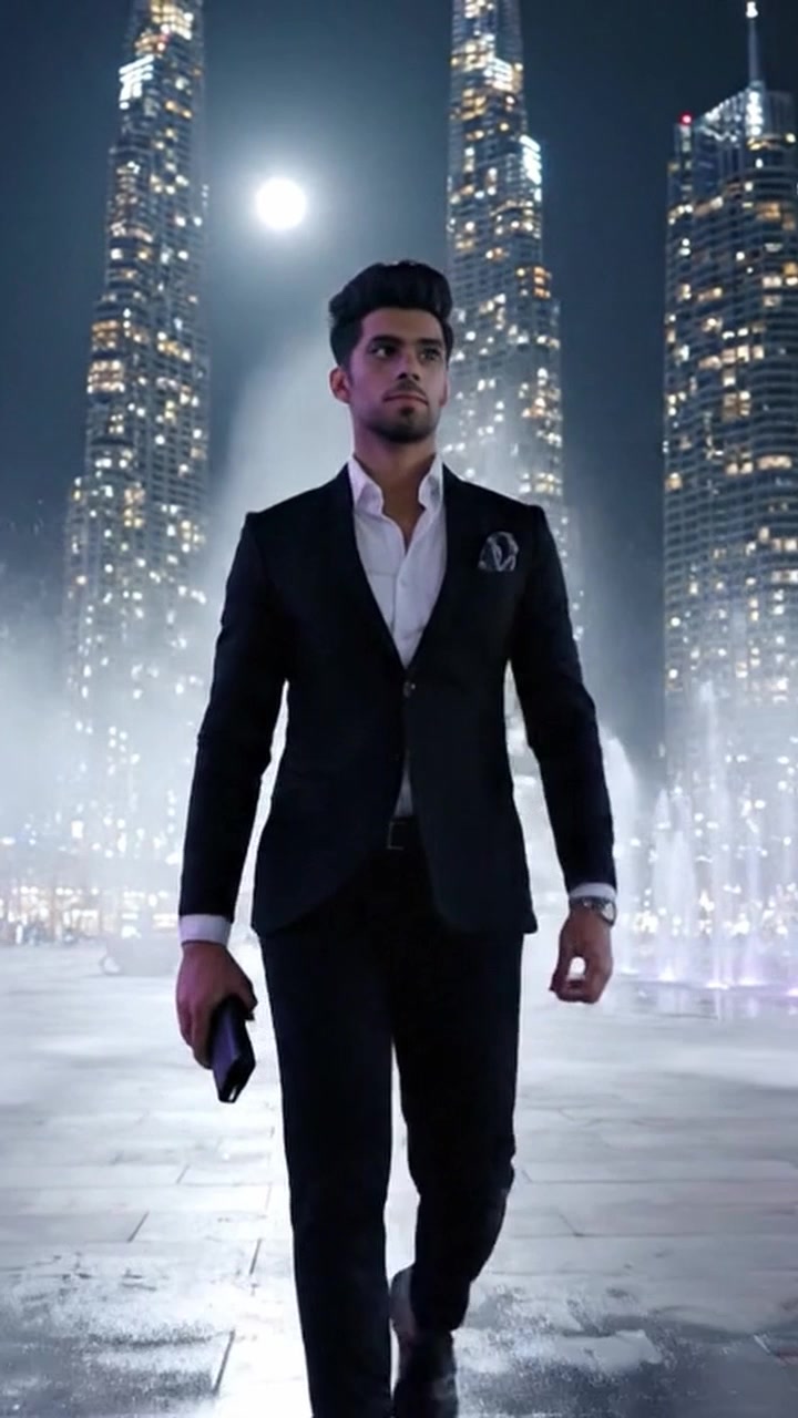 Un hombre elegante con un traje a medida se alza con confianza contra un telón de fondo de arquitectura moderna, iluminado por las luces de la ciudad bajo una luna llena por la noche