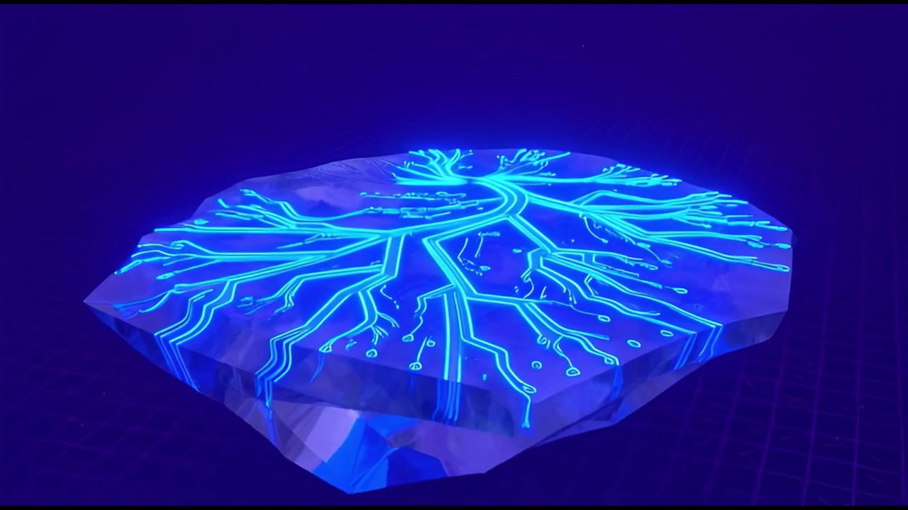Blue Light Scans and Activates Glowing Circuit Pattern on Crystal
