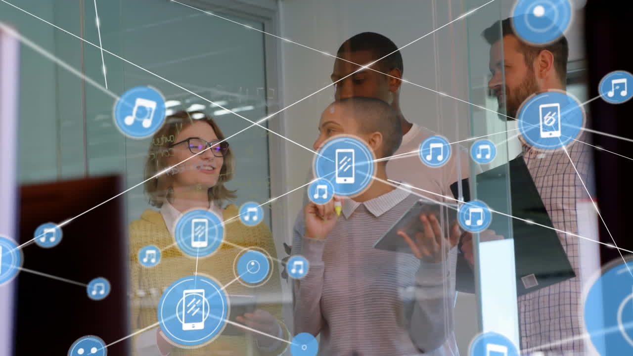 animación de la red de conexiones con iconos sobre reuniones de negocios