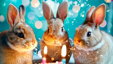 three rabbits sitting next to a birthday cake with candles