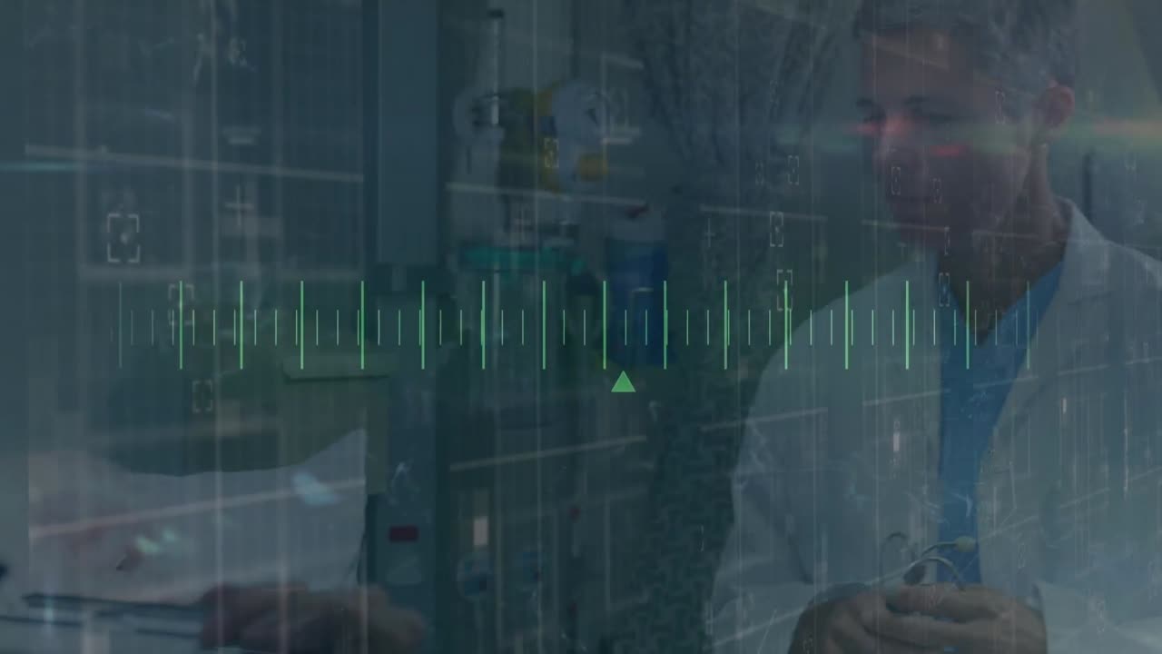 animación del procesamiento de datos sobre médicos caucásicos hablando con el paciente
