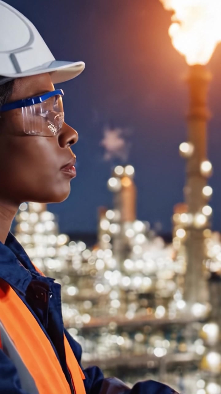 Un ouvrier qualifié observe les opérations dans une installation industrielle nocturne, axé sur la sécurité et l'efficacité dans un environnement complexe de production d'énergie.
