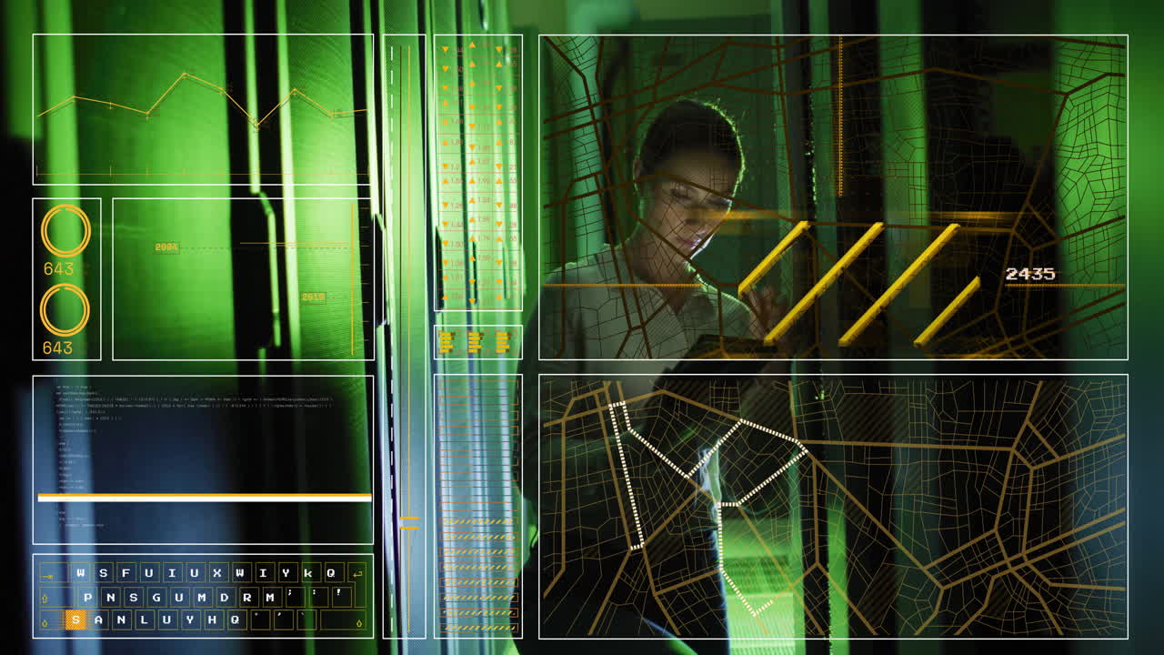 Analyzing data, person interacting with digital screens showing animation and graphs