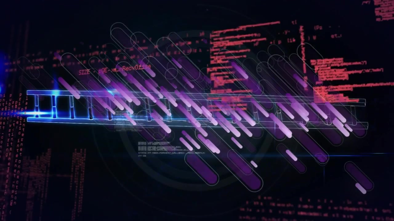 Animation of purple light trails over dna structure and data processing against black background