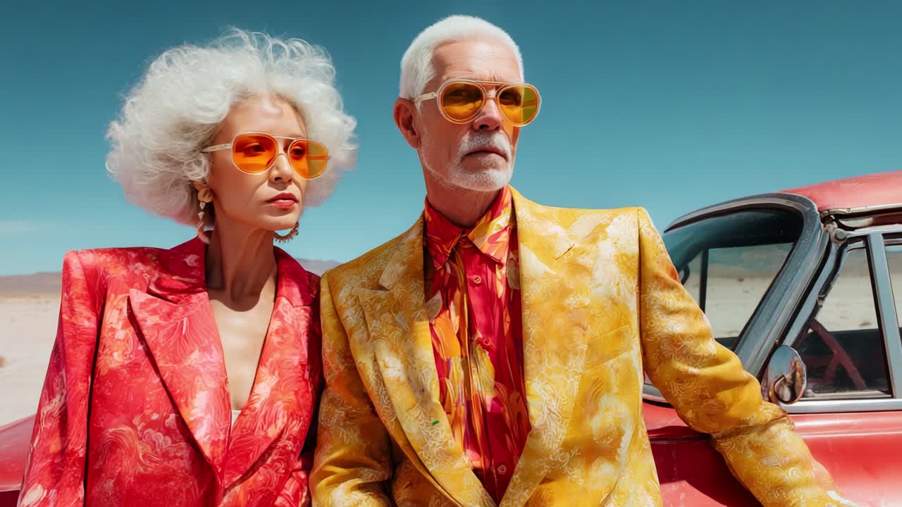 A Daring Fashion Statement in the Desert: Boldly Colored Suits and Vintage Sunglasses Create a Striking Contrast Against a Bright Sky and Retro Car