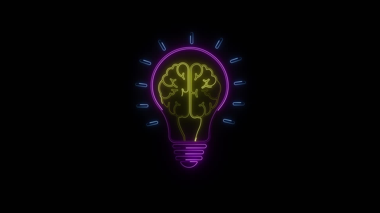 Animation glowing neon light bulb brain icon inspiration innovation use of bright electric colors