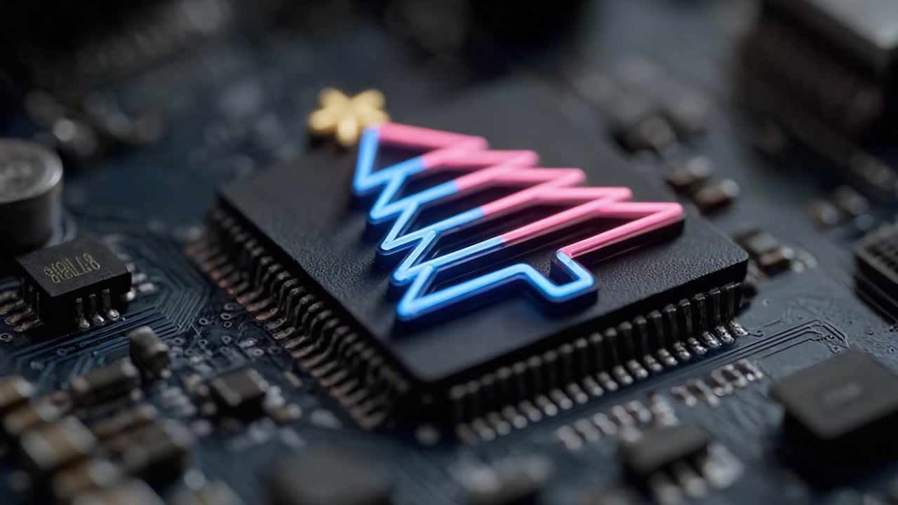 A Close-Up View of a Circuit Board Featuring a Dazzling Neon Christmas Tree Design, Showcasing the Fusion of Technology and Holiday Spirit Through Vibrant Colors