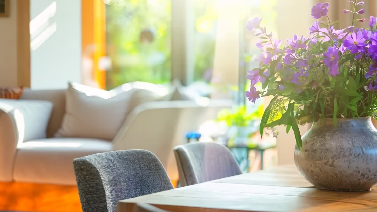 나무 테이블 꼭대기에 앉아 있는 보라색 꽃의 꽃병