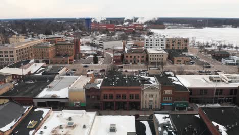 aerial, main street in stevens point, wisconsin during winter season