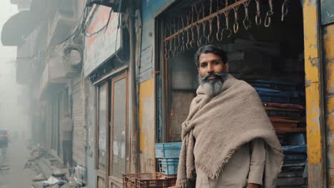 bearded shopkeeper wearing traditional clothes standing in front of his shop's entrance in a foggy street market, waiting for customers on a cold winter morning