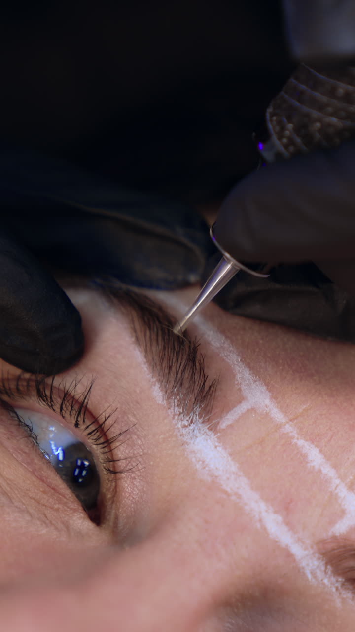 Cosmetologist uses special tool to perform permanent eyebrow make up procedure. Client's eyebrows are lined with white pen. Close up. Vertical video