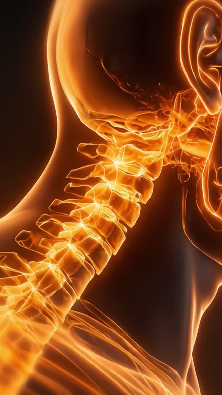 Colonna vertebrale cervicale illuminata: una visualizzazione dettagliata dell'anatomia del collo umano che evidenzia le vertebre spinali e i tessuti circostanti con colori radiosi.