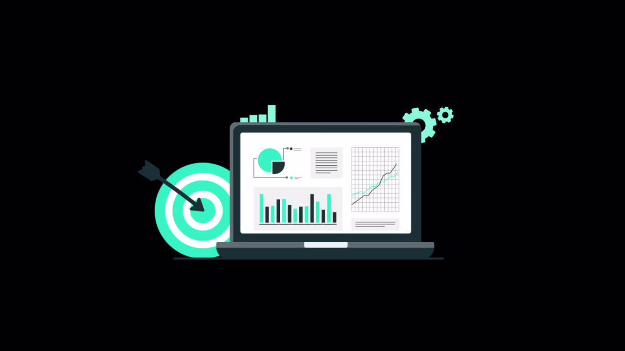 Animated Illustration of Laptop Displaying Data Analytics and Business Goals