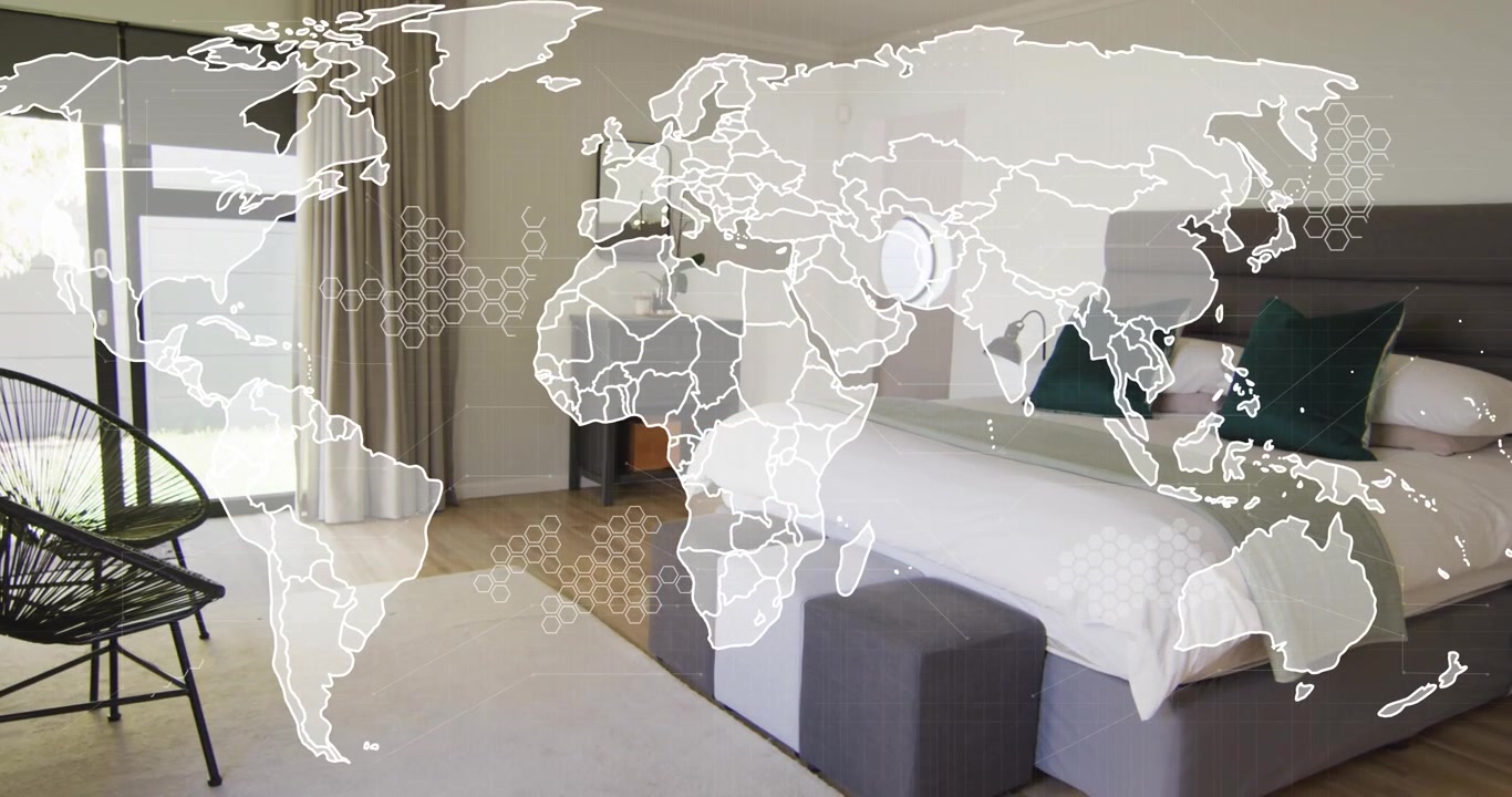 Platform bed anchoring frame while world map overlay fading in at frame two, showing global network