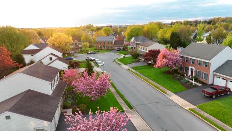 Aerial-establishing-shot-of-quaint-neighborhood-with-solar-panels-on-roof