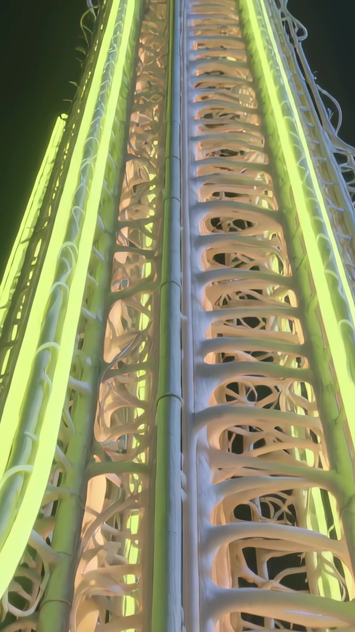 Vertical video: Starting camera tilt showing columns at night to show cap, with neon tubes, lattice