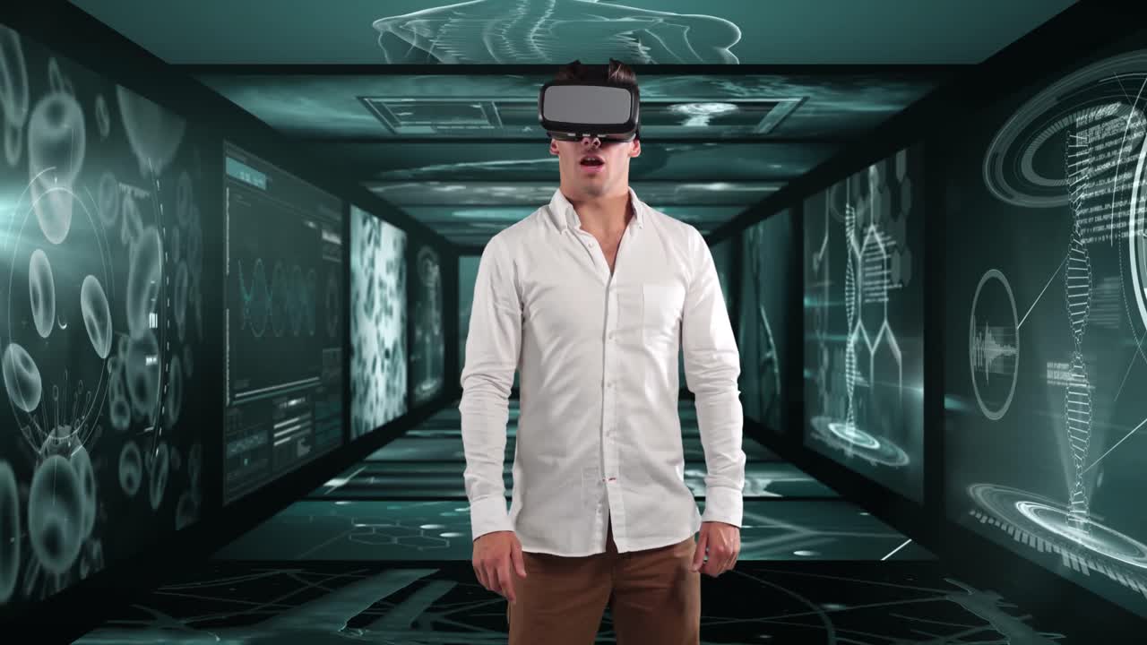 Animazione di un uomo d'affari che indossa un visore VR su schermi con elaborazione di dati medici.