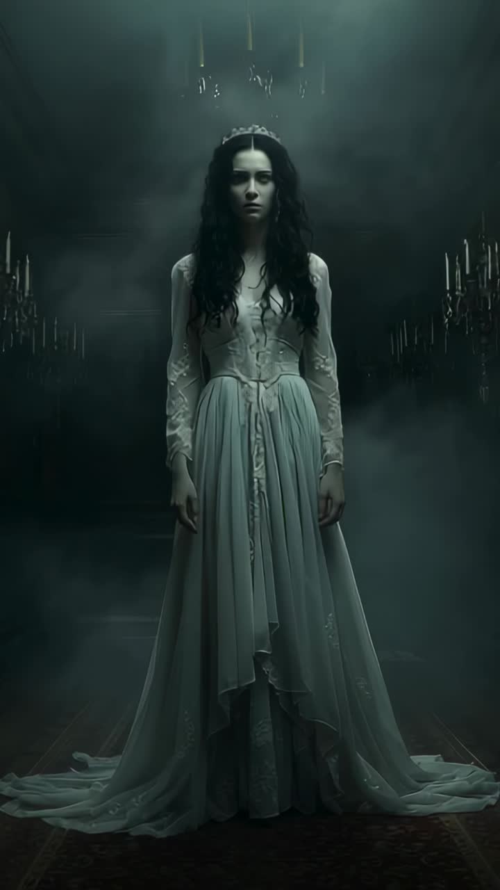Vertical video: Fog drifting into hall silhouetting woman wearing gown and tiara under chandelier