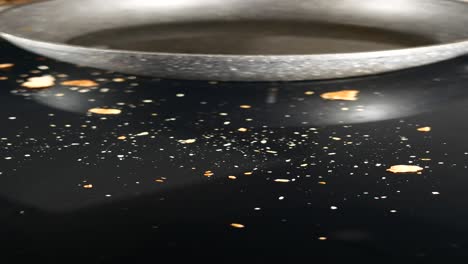 close up of a dirty stove top with a pan of oil