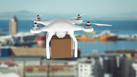 drone carrying a box in a port