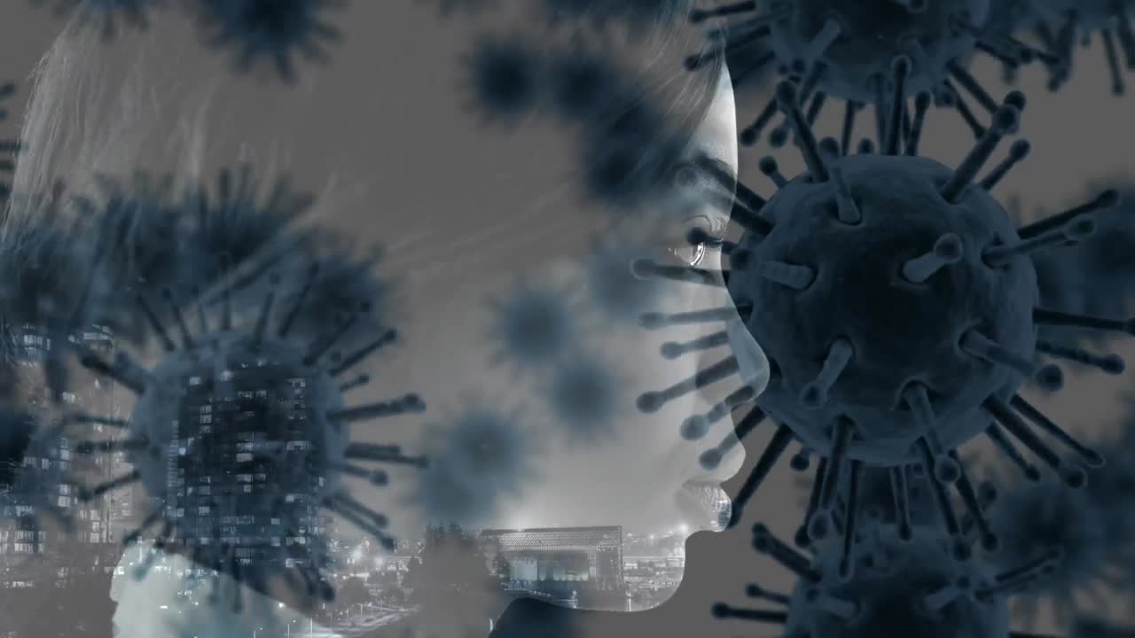 Makro coronavirus spredes med en kvinde af blandet etnicitet i baggrunden