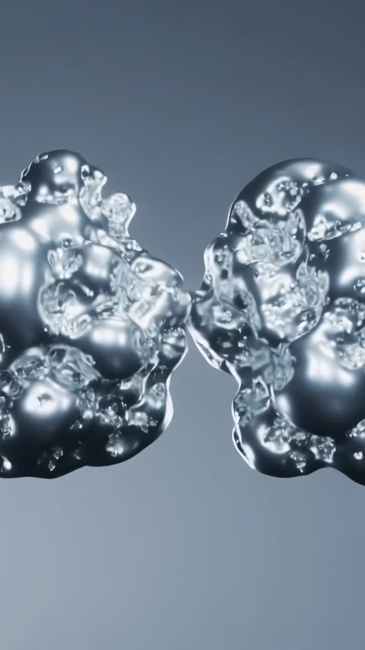 Video verticale: Due sfere cromate si trasformano dopo il segnale, creando una superficie a bolle su un set grigio, luminose.
