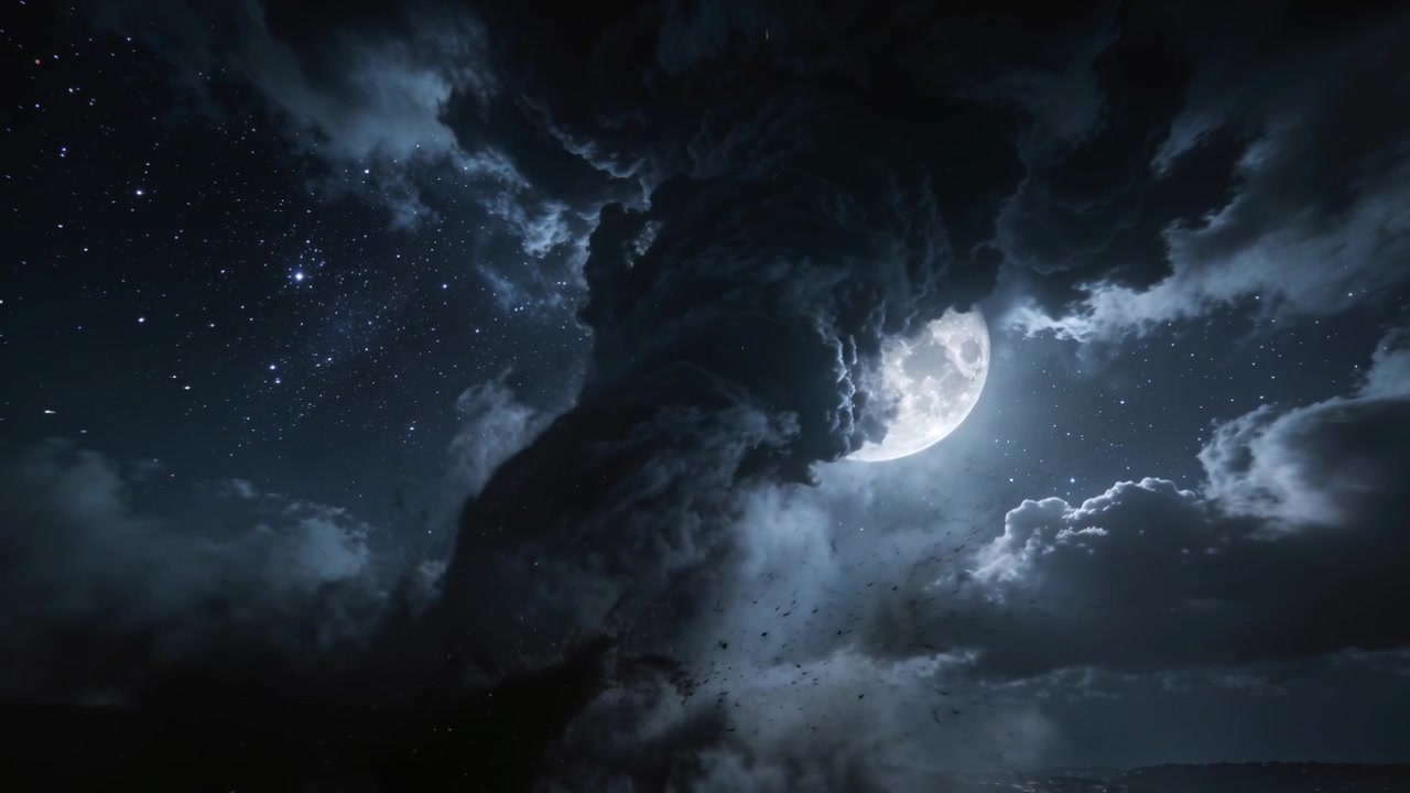Un oscuro vortice in ascesa si stringe dall'orizzonte di notte, sollevando uccelli e oscurando la luna luminosa.