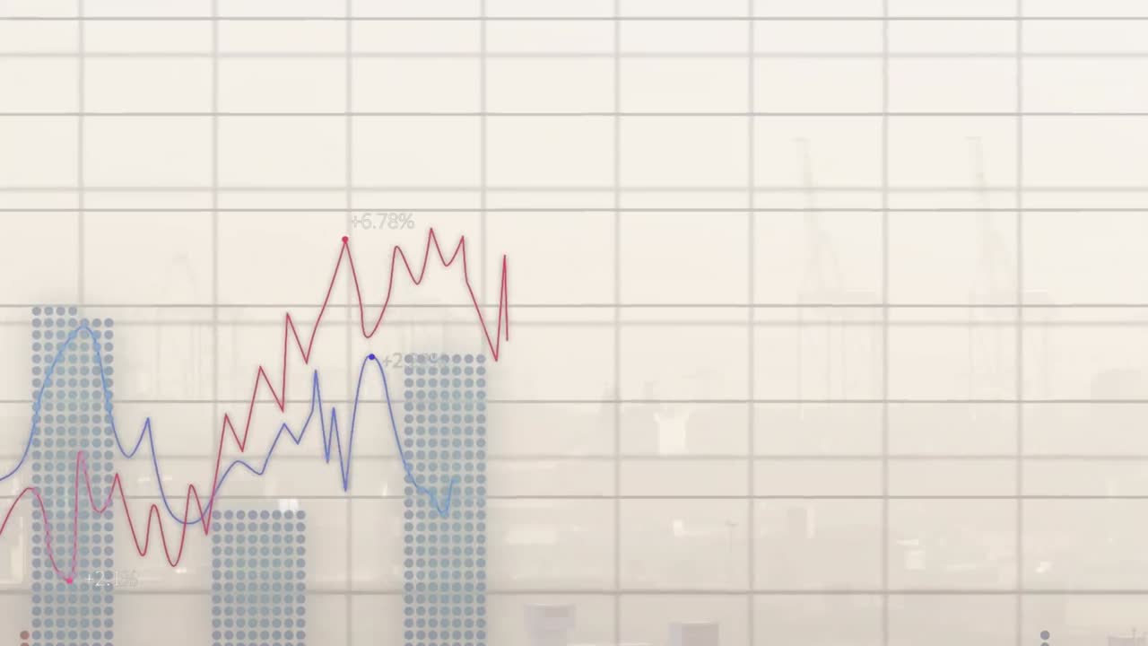 animación del procesamiento de datos financieros sobre el paisaje urbano