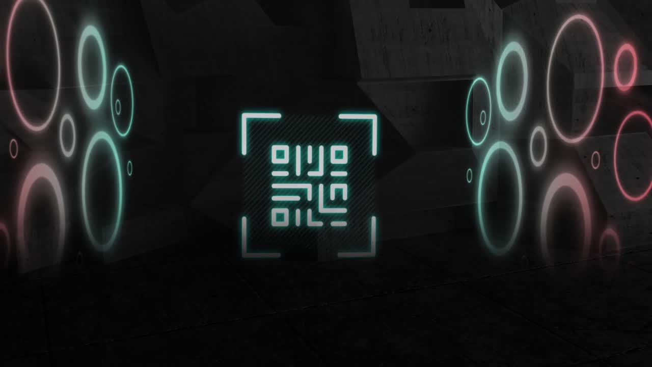 QR code scanner with neon elements against black background