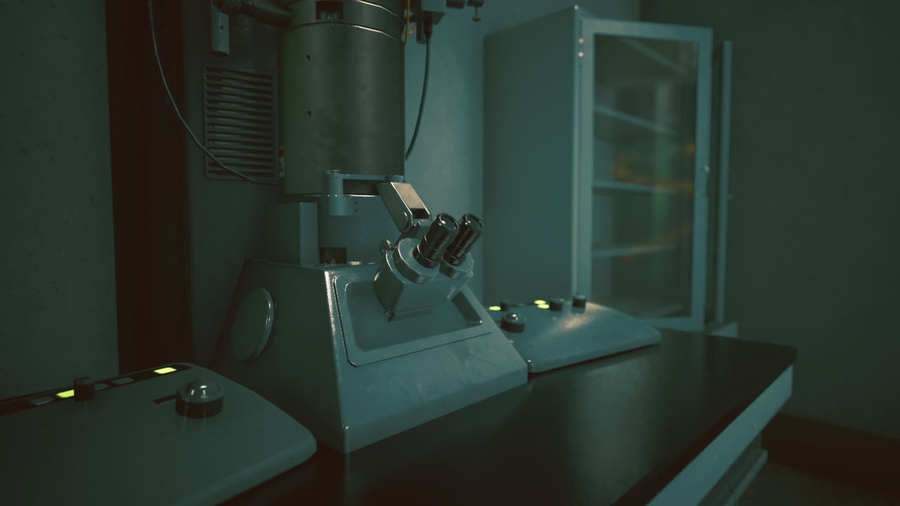 Laboratory equipment in a dimly lit research facility at nighttime