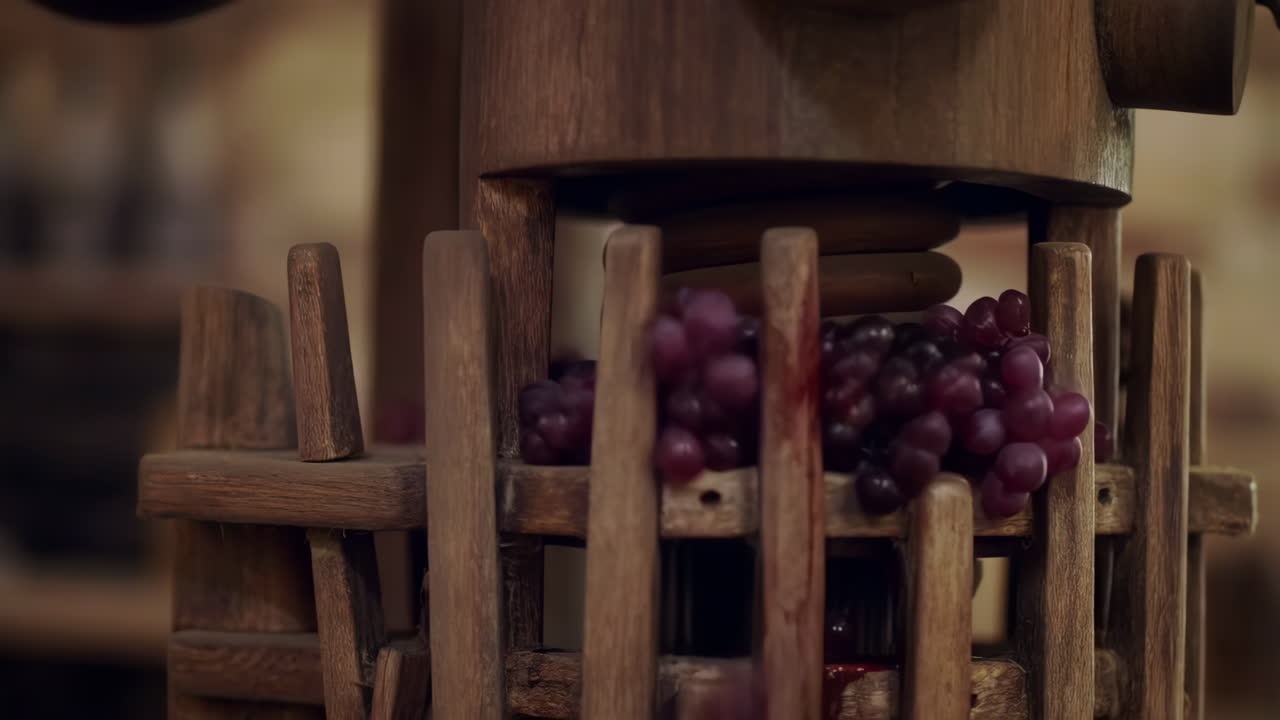 Red Grapes Being Pressed in a Traditional Wooden Wine Press
